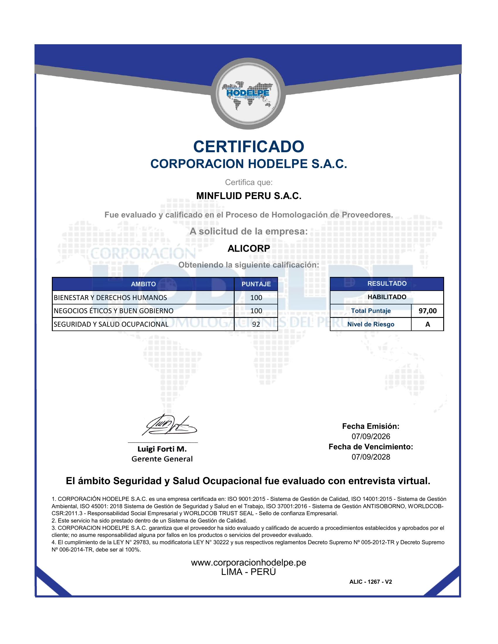 Certificado de Homologación MINFLUID PERÚ
