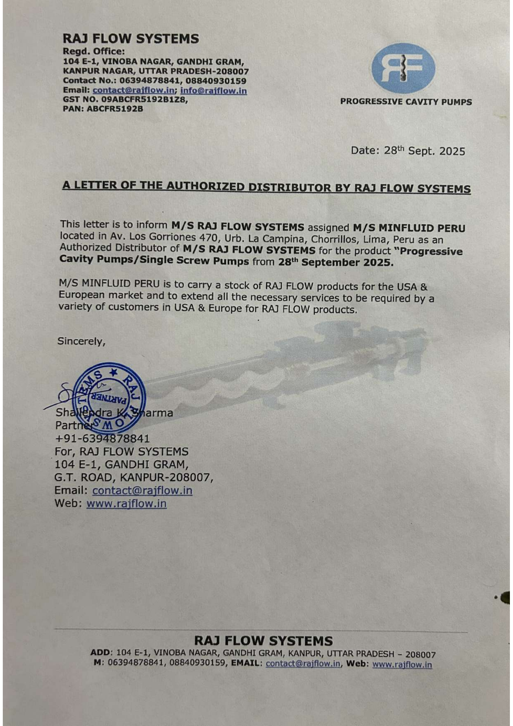 Carta de distribución autorizada Raj Flow Systems